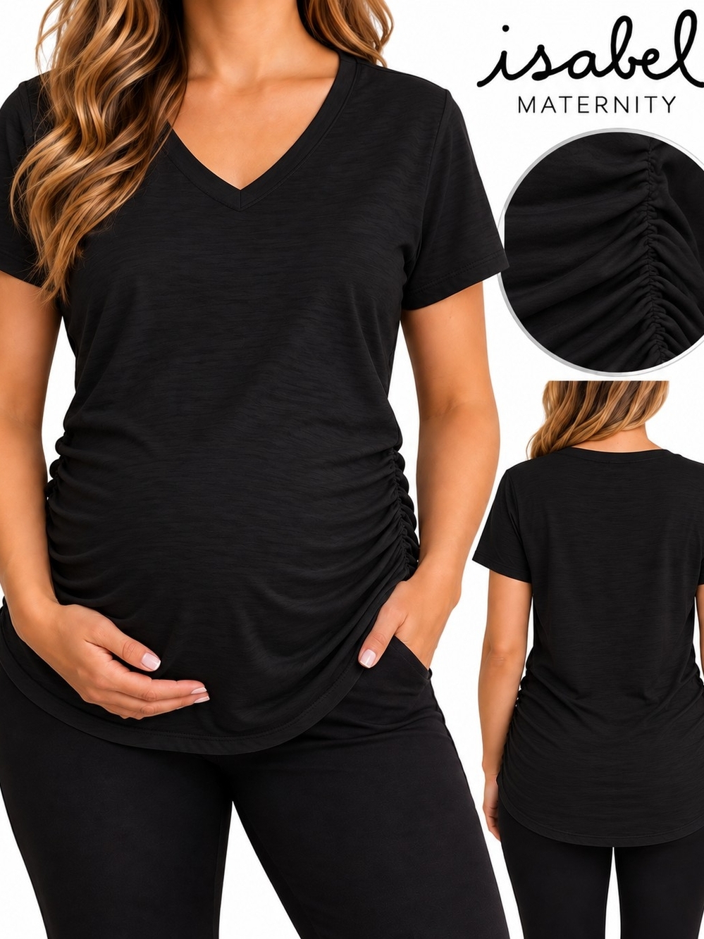 Isabel Maternity by Ingrid & Isabel Black V-Neck Ruched Side Maternity Tee